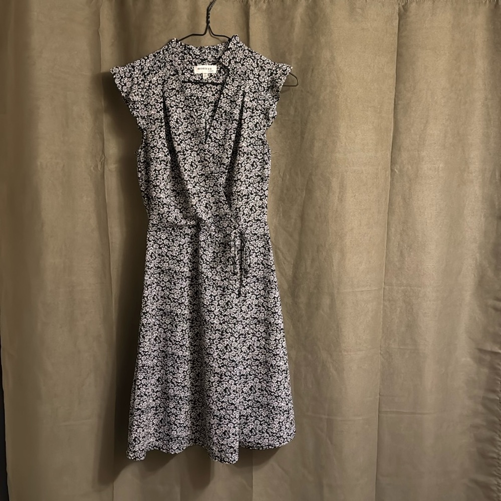 MONTEAU • Floral Midi Wrap-Like Dress • Size XS • Black and White